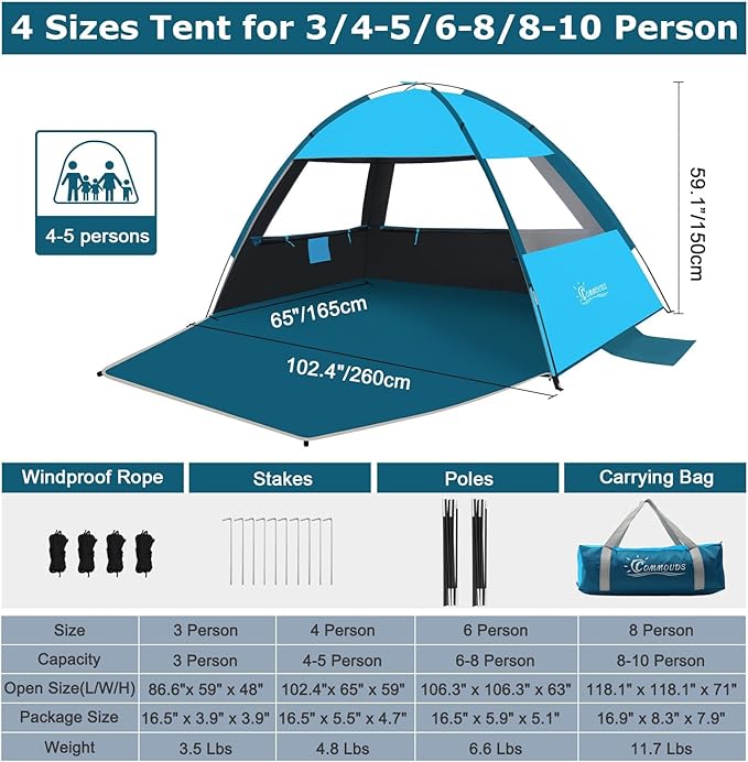 COMMOUDS Beach Tent Sun Shade for 3/4/6/8 Person, UPF 50+ Beach Sun Shelter Canopy Tent, Lightweight, Easy Set Up and Carry
