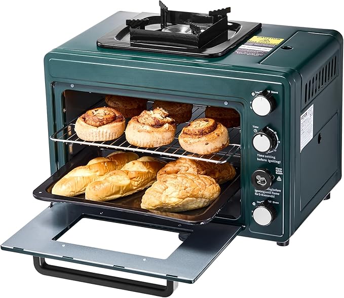 VEVOR Outdoor Camping Oven, 2-in-1 Portable Gas Camping Stove Oven Combo, Adjustable Fire, 60-Minute Timer, Windproof, for Camping Backyard Picnic Outdoor Cooking, Universal Butane Canister Compatible
