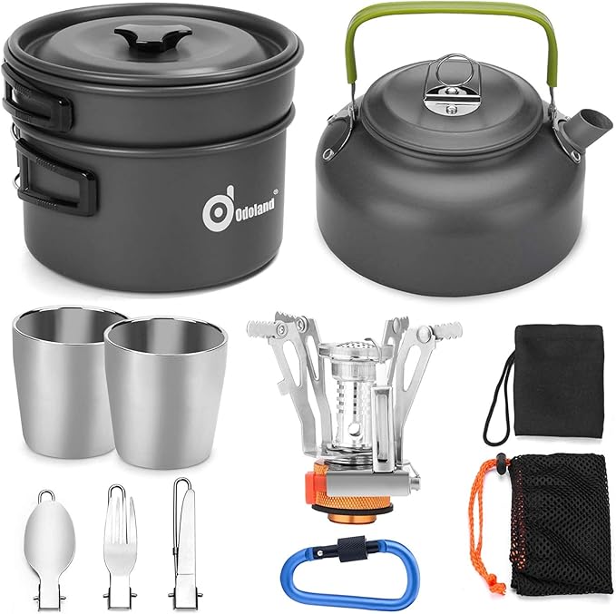 Odoland Bundle – 2 Items 12pcs Camping Cookware Mess Kit with Mini Stove and 25pcs Stainless Steel Utensils Camping Tableware Kit for Backpacking, Outdoor Camping Hiking and Picnic