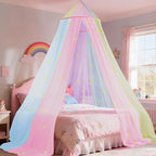 Rainbow Bed Canopy for Girls with Glowing Stars, Colorful Princess Canopy Bed Curtains for Twin, Full, and Queen Sizes,Mosquito Netting for Baby Crib,Ceiling Tent for Kids Bedroom Decor