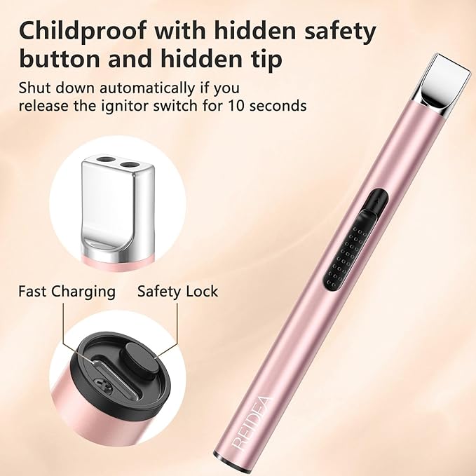 REIDEA 2 Pcs Electronic Candle Lighter Gift Arc Windproof Flameless USB Rechargeable Lighter with Safe Button for Home Kitchen (Rose Gold)