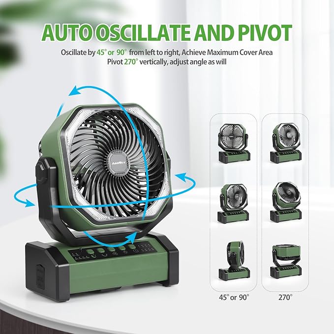 20000mAh Rechargeable Camping Fan - Battery Operated Fan with Light & Remote, Auto Oscillating, 4 Timer, 60 Hrs Work Cordless Tent Fan for Travel Outdoor RV Garage Power Outage Emergency