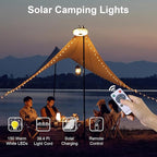 2-Pack Solar Camping String Lights, 39.4FT Portable Waterproof Camping Light with 8 Lighting Modes, Solar Powered and USB Rechargeable Tent Lantern with Remote Control for Camping, Garden and Hiking