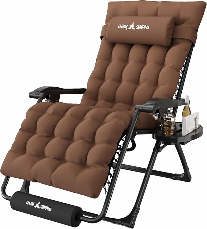 Amopatio Oversized Padded Zero Gravity Chair, XL 29In Reclining Camping Lounge Chair w/Removable Cushion&Headrest, Upgraded Lock and Footrest, Folding Patio Recliner for Indoor Outdoor, Brown