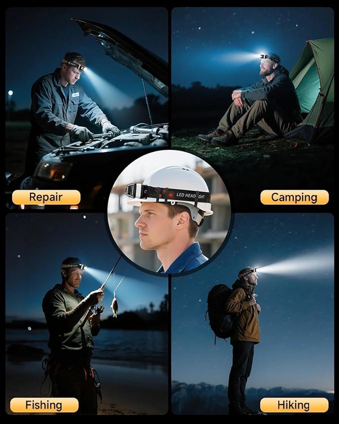 LED Headlamp Rechargeable with Motion Sensor, Headlamps for Adults Rechargeable with White Red Light Waterproof 6 Modes for Outdoor Camping Running Hard Hat Fishing Repair, 3 Pack
