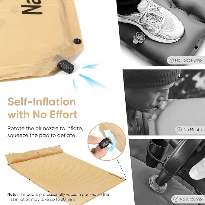 Naturehike Self-Inflating Sleeping Pad with Pillow, Patchwork Sleeping Pad for Camping Backpacking Hiking Traveling Tent（Yellow）