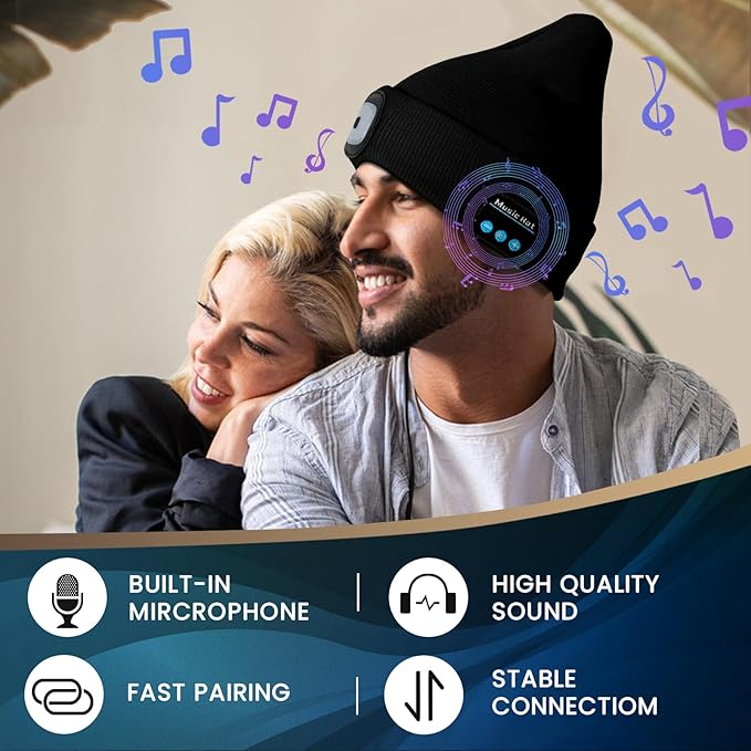 VIBELITE Bluetooth Beanie Hat with Light, Gifts for Men, USB Rechargeable LED Headlamp with Wireless Headphones, Birthday Gifts for Men, Dad, Him, Teen Boys, Husband, Women, Boyfriend, Black