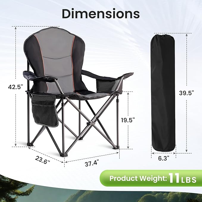 Folding Camping Chairs for Adults - High Back Padded Outdoor Lawn Chairs with Lumbar Support & Cup Holder (Black & Gray, 1 Pack)