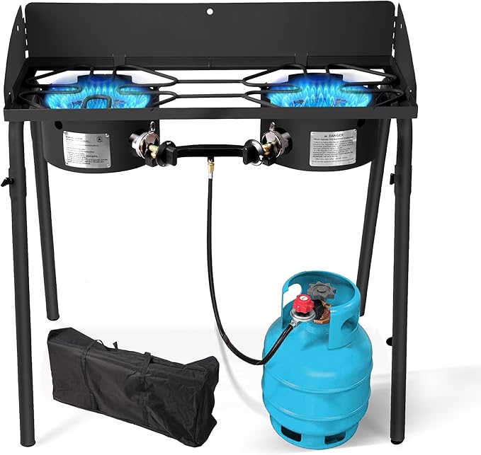 Red Mountain Valley Two Burner Outdoor Portable Camping Gas Stove with Removable Legs, Carrying Bag and Windshield, Camping Stove Propane for Cooking, CSA Certified, Outdoor Propane Burner