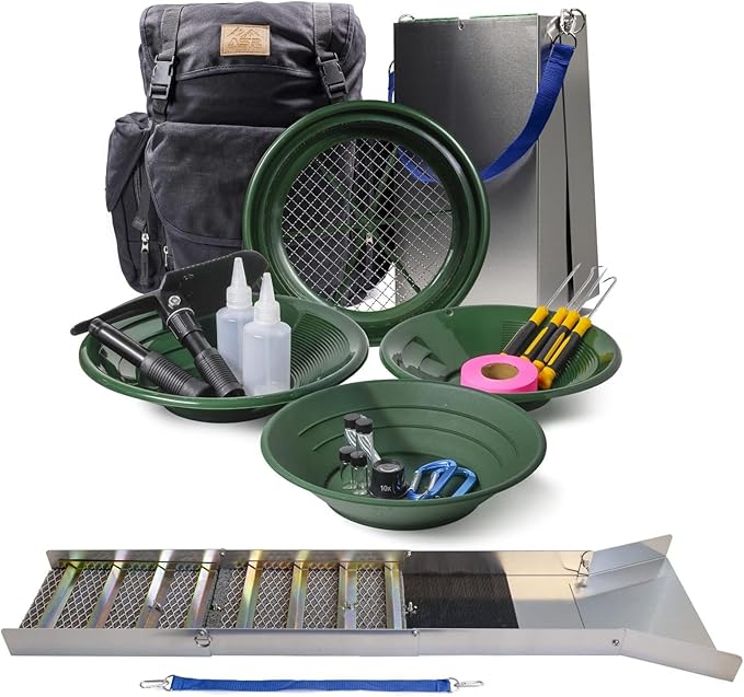ASR Outdoor 24pc Deluxe 50" Aluminum Folding Gold Sluice Box Kit Gold Panning Tools and Backpack, Black