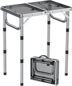 Anbte 2ft Folding Grill Table, Adjustable Height Max 27.5" Aluminum Camping Table, Heat-Resistant Tabletop, Lightweight, Portable Handle for Travel Cooking BBQ Picnic, 22.8" x 16", Silver
