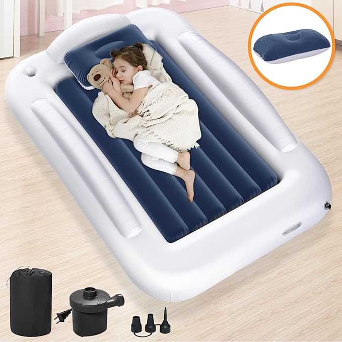 Inflatable Toddler Travel Bed - Portable Toddler Kids Travel Bed with Safety Sides Complete Kids Air Mattress Set with High-Speed Pump, Ideal for Vacation Camping and Sleepover (60 Inches)