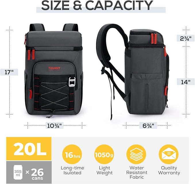 TOURIT Insulated Backpack Cooler with 2 Compartments, 30 Can Capacity, Leakproof Waterproof Thermal Bag for Beach Camping Travel