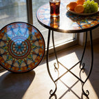 Mosaic Outdoor Side Table Round, 15 Inch Height - Small Patio Table, Foldable Sun Pattern Metal Plant Stand for Garden, Balcony, Porch & Camping (Mosaic Sun)