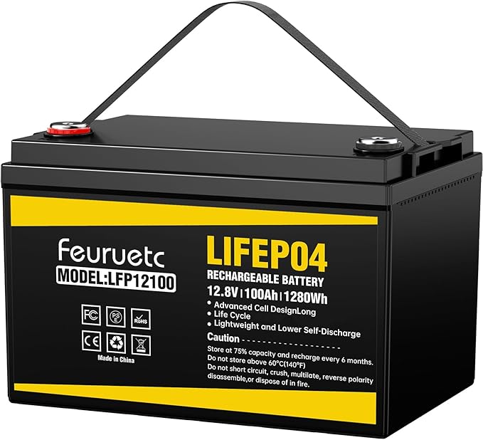 12V 100Ah LiFePO4 Battery - Small RV Battery with 100A BMS, 15000+ Deep Cycles, Solar Energy Storage, Lithium Phosphate Batteries for Home Motor, Travel Trailer, Camping, Off-Grid Power