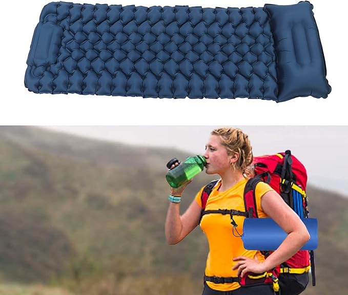 Ergonomic Inflating Sleeping Pad with Built in Pump, Nylon Material, and Storage for Office, Outdoor Camping Hiking (Navy Blue)