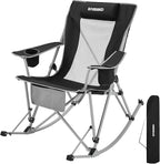 FUNDANGO Rocking Camping Chair, High Mesh Back Portable Folding Camp Chairs with Pillows, Cup Holder and Carry Bag for Lawn Patio Garden Outdoor Supports 300 Lbs (Black/Grey)