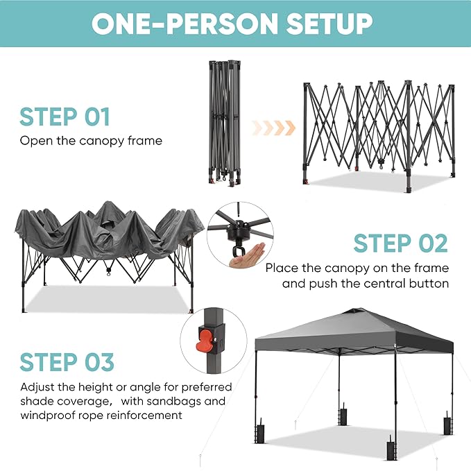 GDY 12x12 Pop Up Canopy Patio Carpas, One Push Set up with Central Lock Canopy with Wheeled Carry Bag, Included 4 Sandbaogs,8 Stakes and 4 Ropes, Gray