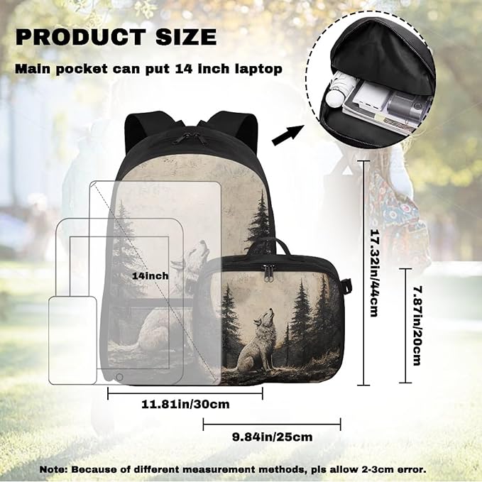 Wolf Backpack for Men Lightweight Bookbag with Lunch Box Large Capacity Daypack with Detachable Lunch Bag for Travel Outdoor Casual Daypack