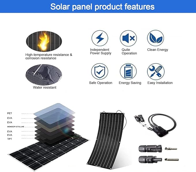 200W 400W 800W Flexible Solar Panel Kit with 40A Charger Controller Cable, Battery for Camping, Caravan, Campervan, Motorhomes, Boat(800W)