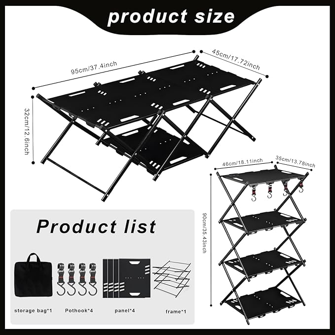 Portable Camping Table & Shelf, 2-in-1Folding Carbon Steel Picnic Rack 37" 4-Tier Storage Cook Station with 4 Hooks,Perfect for Party, Dining, Camping, BBQ, Indoor, Outdoor