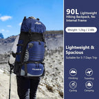 90L Hiking Backpack, Waterproof Camping Bag with Rain Cover, Lightweight Backpacking Back Pack
