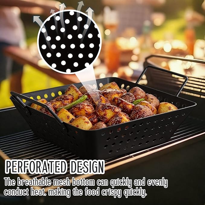 3 Pack Grill Topper Pans for Outdoor Grill, Stainless Steel Vegetables BBQ Grilling Basket with Holes Handles, Nonstick Barbecue Pan Grilling Gifts for Camping Picnic Cooking Seafood Meat