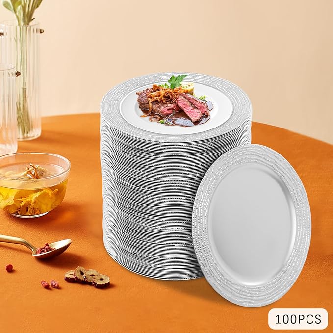 100 PCS Antique Charger Plates Bulk, 13'' Plastic Embossed Dinner Plate Chargers Round Floral Plates for Wedding Decorative Chargers for Table Dinner Kitchen Party Decoration (Silver)