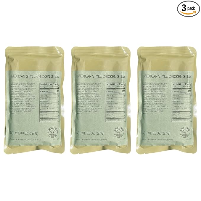 MRE (Meal-Ready-to-Eat) | Single Serving Entree | Emergency Meals | Survival Food | Fresh Dates | Long Shelf Life | Made in USA (3-Pack, Mexican Chicken Stew)