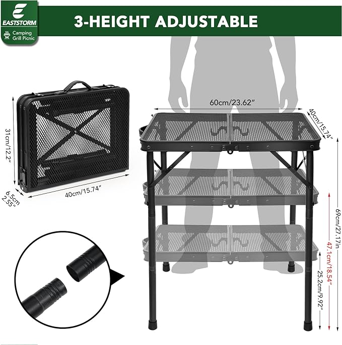 2ft Folding Grill Table, Adjustable 3 Heights Portable Picnic & Camping Outdoor Table for BBQ, Garden, Patio, Tailgate & Travel — Compact, Sturdy, Easy to Store, 23.62" x 15.74", Black