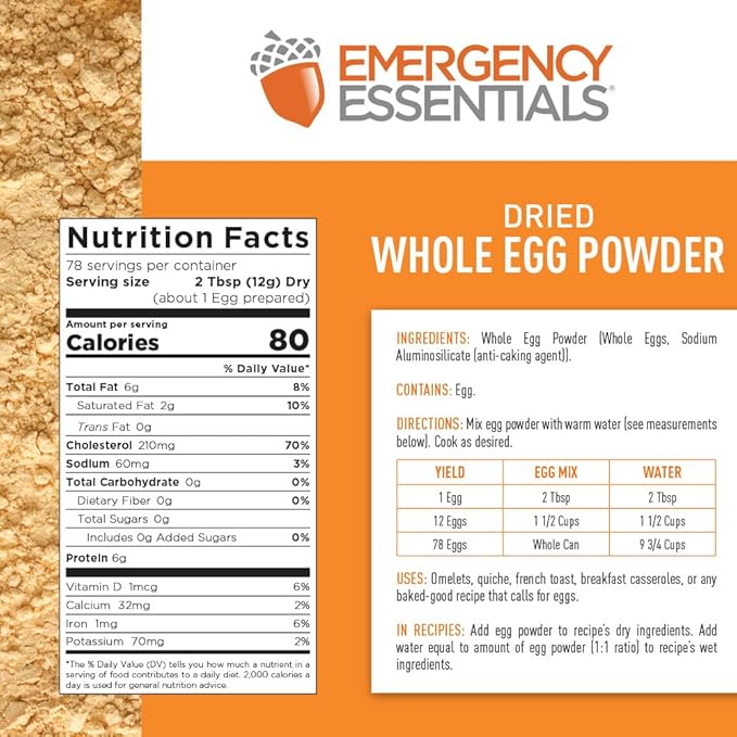Emergency Essentials, Dried Whole Egg Powder, Emergency Food Supply, High-Protein Survival Food, 33-oz. Large Can, 10-Year Shelf Life