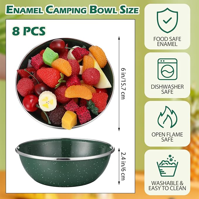 Sawysine 8 Pcs 6 Inch Enamel Bowl for Camping and Backpacking Enamelware Mixing Bowls Camping Cookware for Outdoor Cooking, Picnic, Snacks, Home, Farmhouse(Green)