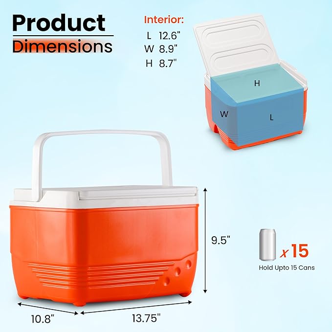 Small Cooler Hard Shell, Ice Chest with Retractable Handle, Small Hard Cooler Box with 3–4 Day Ice Retention, Car Cooler for Picnic, Beach, Work & Travel