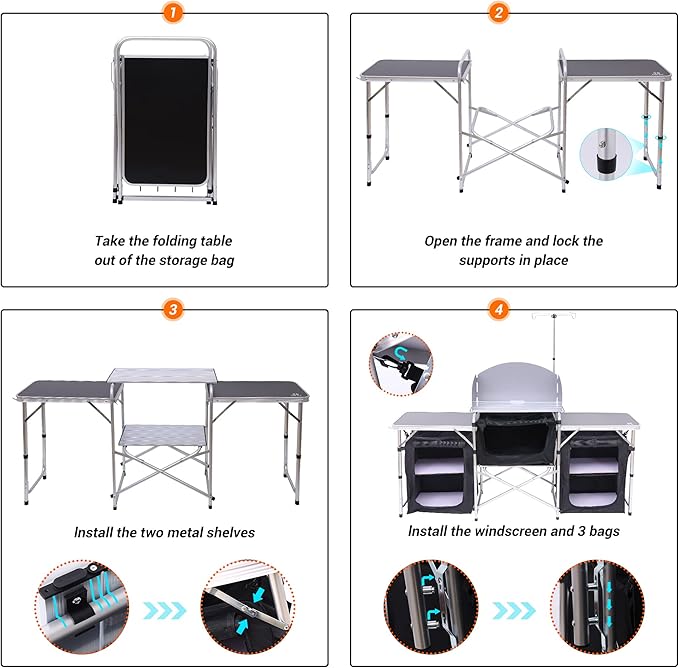 Nice C Camping Kitchen Table, Folding Grill Table, Upgrade Light Stand and Windshield Cooking Station & 3 Organizers, Carry Bag for Outdoor, Beach, BBQ, Picnic, Cooking, Indoor, Office(Silver)
