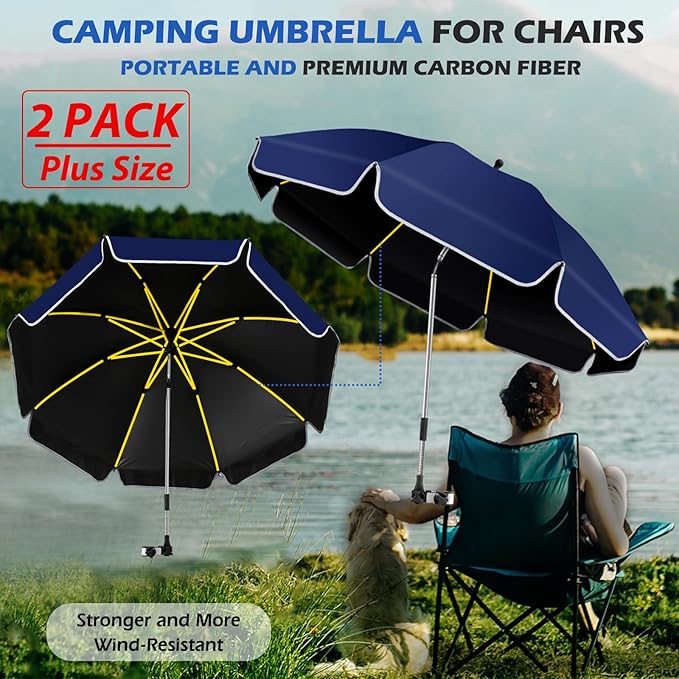 2PACK 48.8 inch Large Beach Umbrella with Clamp Sun Shade for Beach Chair,360°Adjustable UV Protection Golf Umbrella with Clip for Outdoor Stroller Wheelchair Camping Chair
