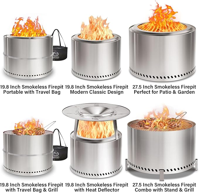 HGD 20 Inch Smokeless Fire Pit Outdoor, Stainless Steel Wood Burning Firepit with Secondary Combustion, Backyard Patio Stove for Garden, BBQ & Bonfire