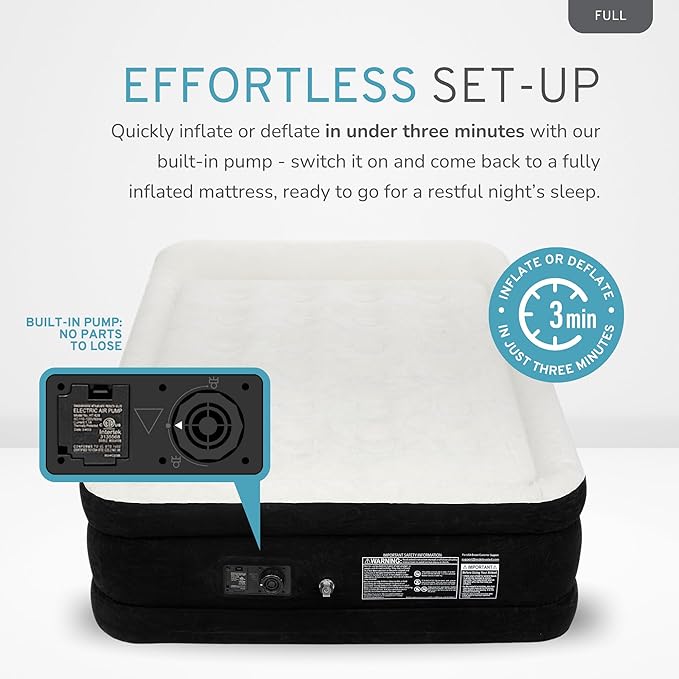 RestElevated Luxury Pillow Top Full Size Air Mattress with Built in Pump | 20" Raised Height with Coil Beam Support | Adjustable Blow Up Air Bed | for Home, Guests and Camping [Black with Cream Top]