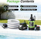 Cordless Water Pump with 1H Runtime Battery & Hose, 1100GPH Brushless Small Submersible Utility Pump for Rain Barrel Pool Hot Tub Drain, Garden Irrigation, Flooded Basement Boat Emergency