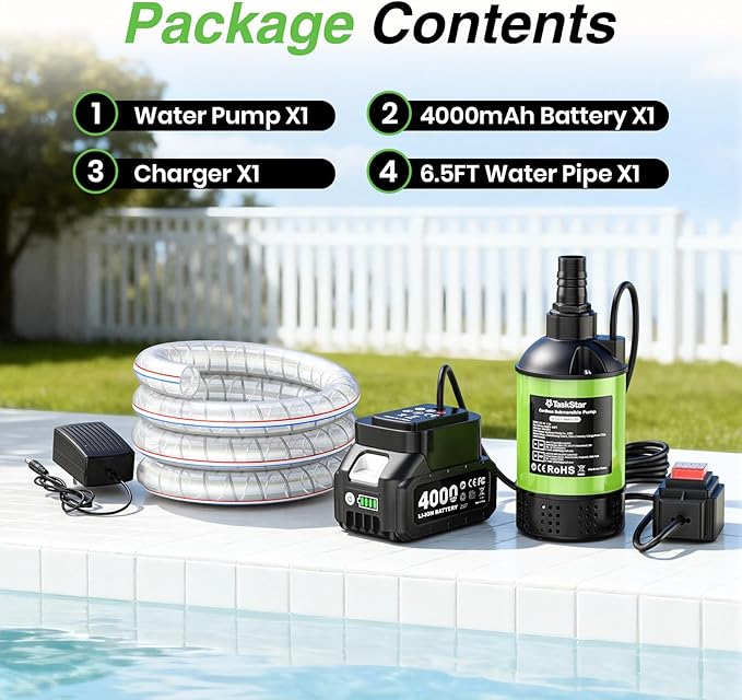 Cordless Water Pump with 1H Runtime Battery & Hose, 1100GPH Brushless Small Submersible Utility Pump for Rain Barrel Pool Hot Tub Drain, Garden Irrigation, Flooded Basement Boat Emergency