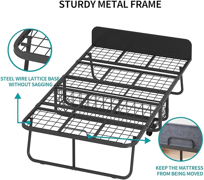 BALUS Folding Bed with Mattress for Adults, 75" x 31" Rollaway Bed with Head Baffle & Mesh Storage Basket, Fold Up Beds for Guests, Foldable Frame with Locking Casters for Easy Moving（Upgrade）