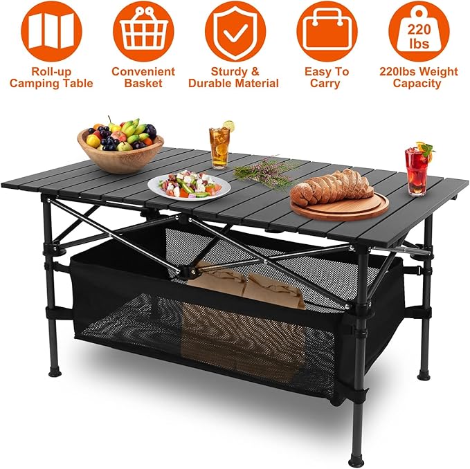 Folding Camping Table, Portable Aluminum Roll-up Lightweight Picnic Table with Large Storage Basket and Carrying Bag for Camping, Picnic, BBQ, Beach, Party, Backyard