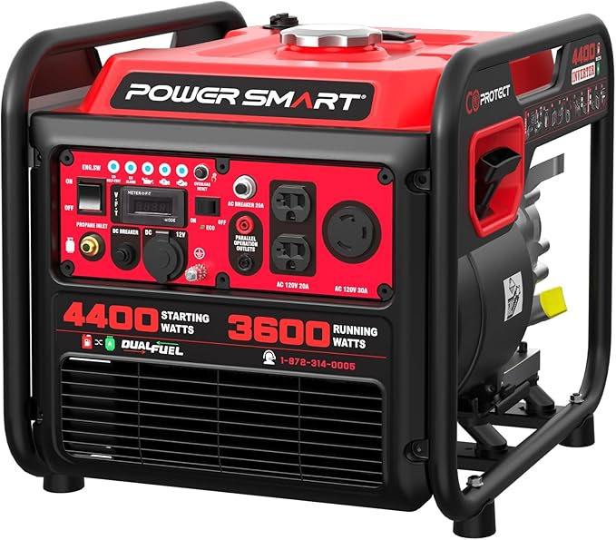 PowerSmart 4400W Dual Fuel Portable Generator, 223cc 4-Stroke OHV Gas/LPG Powered, 3600W Rated, 30A RV Ready & 120V Outlet, Recoil Start Backup Power for Home, RV and Jobsites, Model# MB5040DC