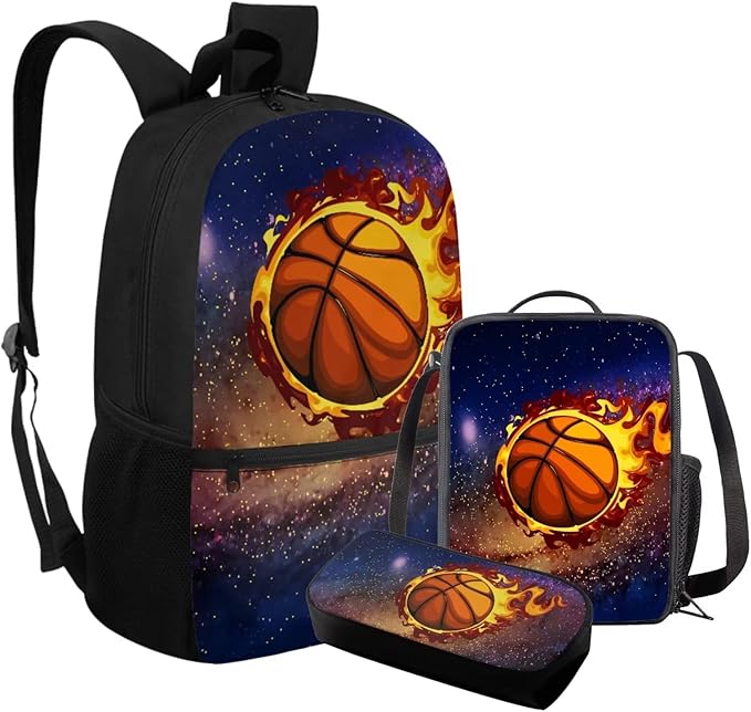 Rnyleeg Fire Basketball Backpack for Kids Age 6-8 Cool Boys Backpack with Lunch Box 3 Pcs Bookbag Set for Elementary School Back to School Gifts
