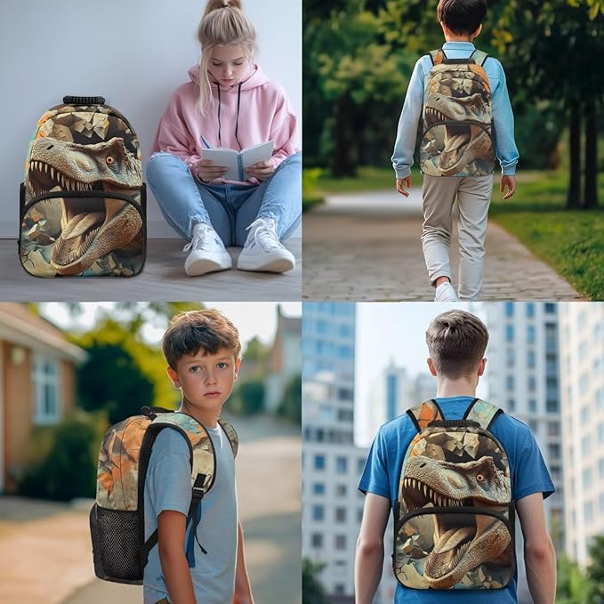 Dinosaur Backpack with Lunchbox Cool Kids Backpack Lightweight Trendy Bookbag for Boys 8-12 with Lunch Box 4 Piece School Bag for Boys 7-8 Outdoor Daypack Travel Back to School Gifts