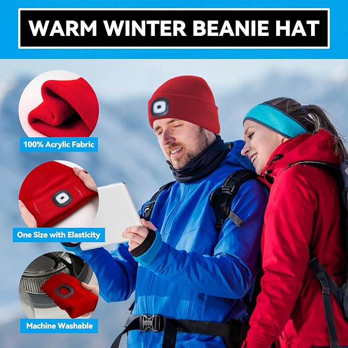 Beanie Hats with Light, USB Rechargeable LED Hand Free Headlamp, Birthday Gifts for Men, Women, and Teens, Ideal for Camping, Hiking, 2 Pack, Red