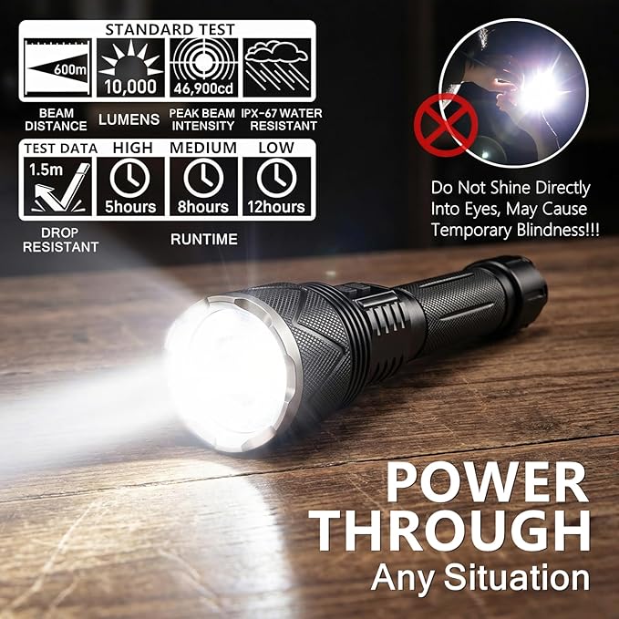 Rechargeable Flashlight 10,000 High Lumens, 70W XHP360 LED Super Bright Tactical Zoomable Flashlights with USB Output, Large Capacity Powered Waterproof Flash Light for Emergencies, Camping, Hunting