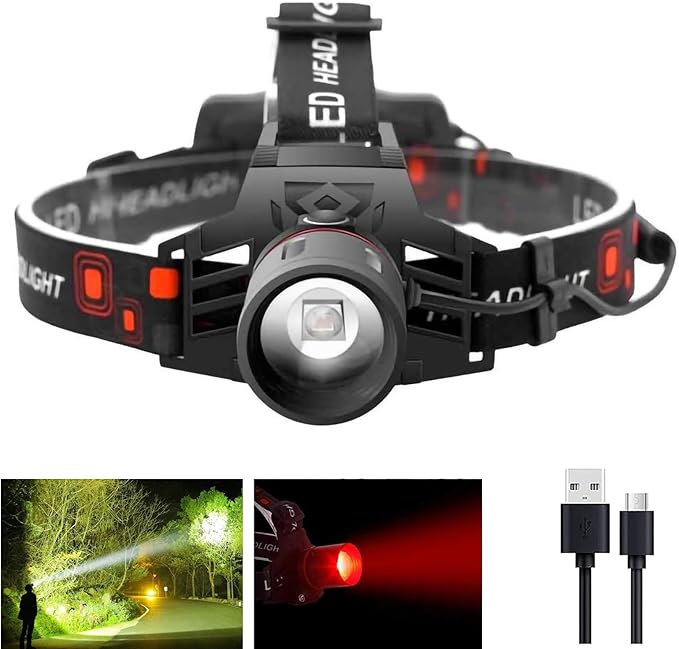 WINDFIRE Rechargeable Headlamp White Red LED Hunting Headlamps Super Bright 4 Modes 90° Adjustable Zoomable Head Lamp for Running Camping Hiking Fishing Night Vision Astronomy