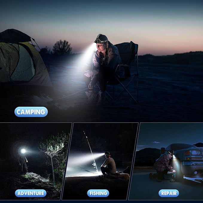Super Bright Headlamp 2-Pack, Rechargeable 99000 Lumens Head Lamps for Adults, 7 Modes, Zoomable Head Light, USB-C Fast Charging, Waterproof for Camping, Hiking, Fishing