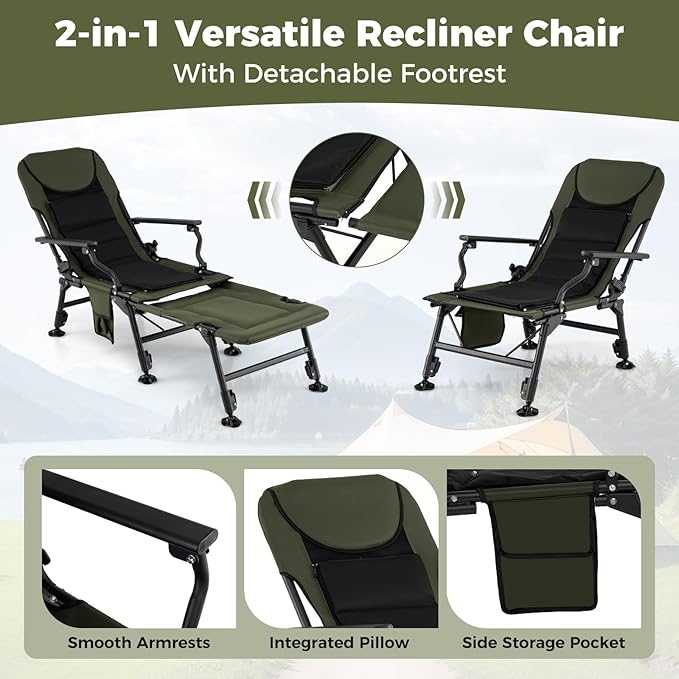 Goplus Oversized Foldable Fishing Chair for Adults, Heavy Duty All-Terrain Camping Chair with Detachable Footrest, Padded High-Back, Armrest, Adjustable Feet, Portable Recliner for Outdoor Patio Beach