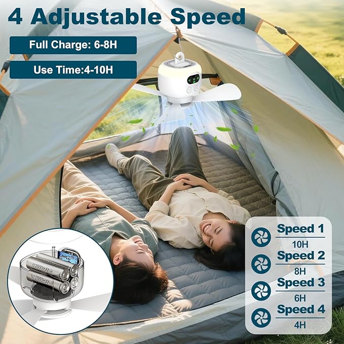Portable Camping Fan, 10.6 Inch Tent Ceiling Fan,Rechargeable 8000mAh with Light & Hook,Timable & Auto Shut Off,Detachable Fan Blade, Used for Tent Canopy RV Porch Beach Bedroom